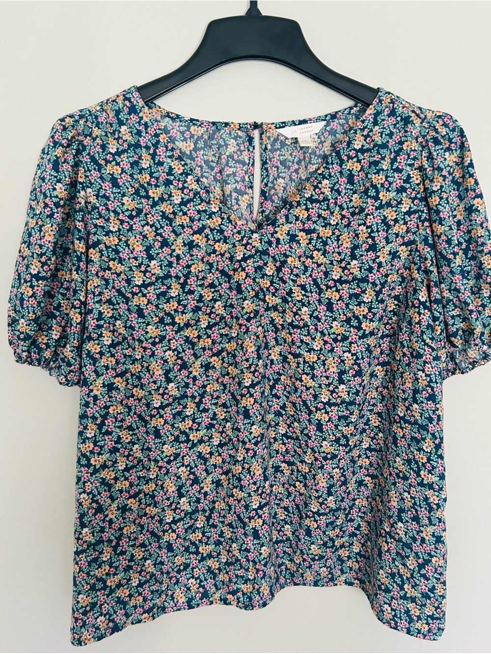 NWOT LC Lauren Conrad Teal Navy Pink Gold Floral Puff-Sleeve Blouse XXL